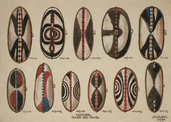 Uganda - Escudos de pele pintados, 1909 (wc no papel)